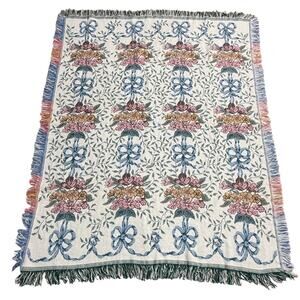 Vintage Floral Bouquet Bow Ribbin Tapestry Fringe Throw Blanket Cottage Prairie